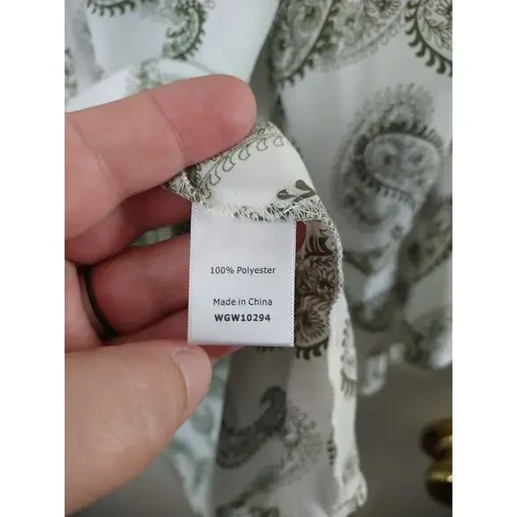 41Hawthorn Green White Paisley V Neck Belle Flare Tie Sleeves Sheer. Size M - Picture 8 of 11